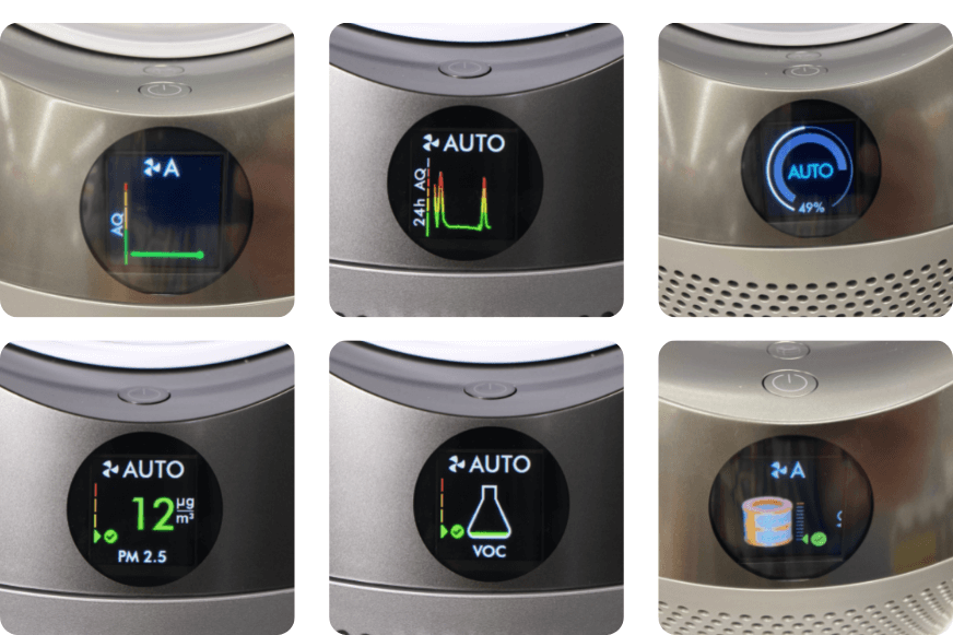 Unterschiedliche Informationen zur Raumluftqualität und Luftfeuchtigkeit werden auf dem Display vom Dyson Pure Hot and Cool PH01 Luftreiniger angezeigt